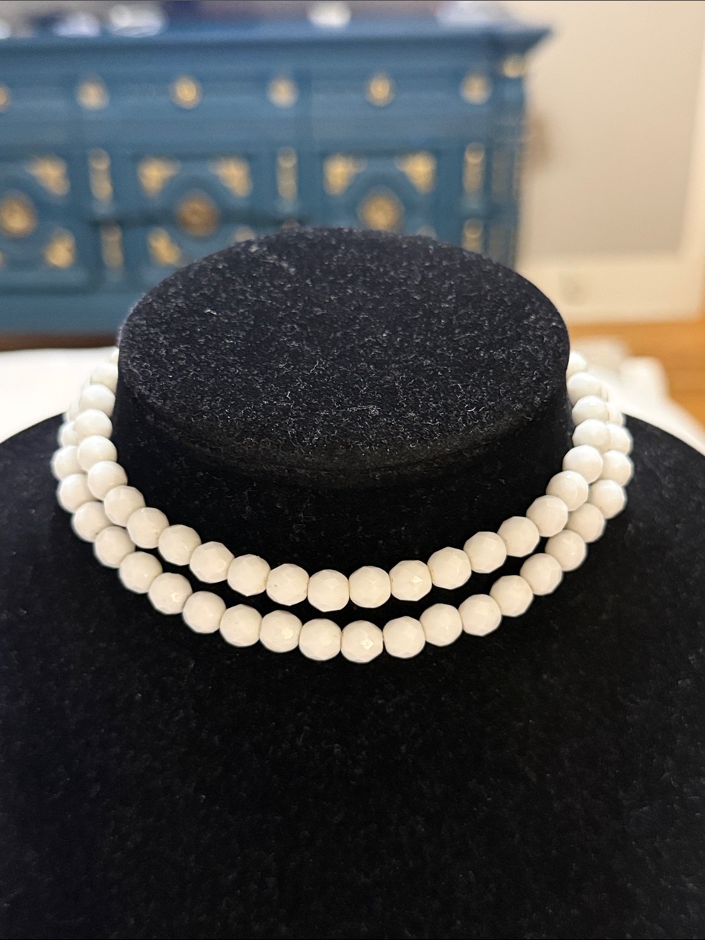 Vintage Silver Tone White Beaded Double Layered Choker Collar Statement Necklace